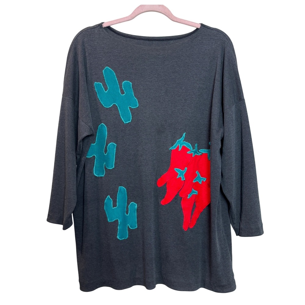 Southwestern Cactus Chili Pepper Tunic Artsy 90s‎ Applique Gray Oversized L/XL